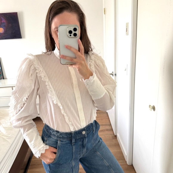 Vintage Tops - Vintage White Ruffle Pleated Button Down Shirt Blouse Lace Trim Feminine M